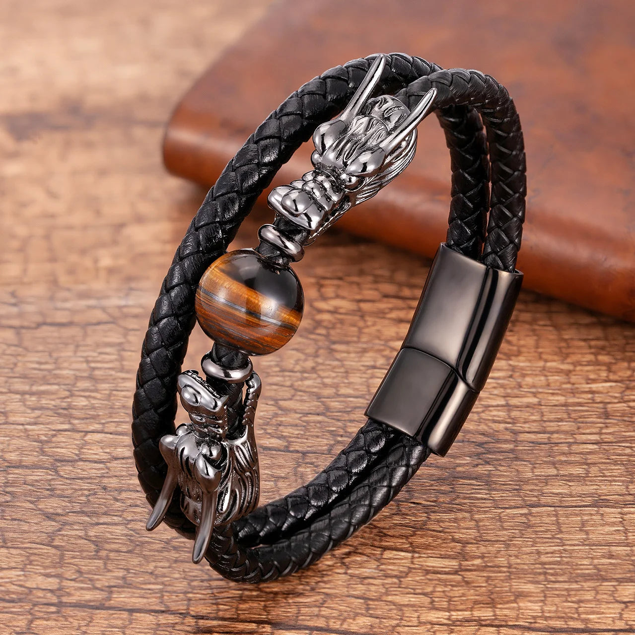 Japanese Dragon Leather Bracelet With Stone