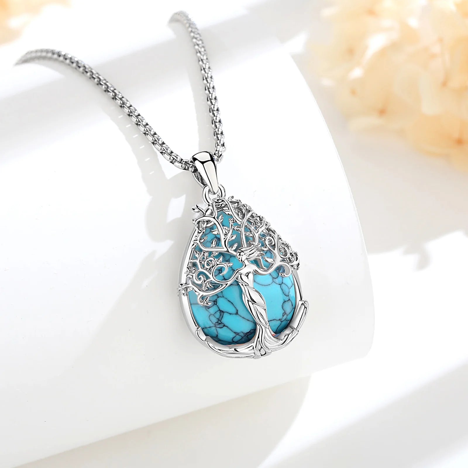 Izanami Kami over Sakura Tree Turquoise Stone Necklace