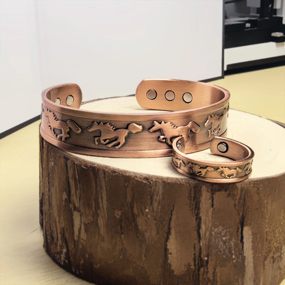 Japanese Horse Copper Bracelet and Ring Set