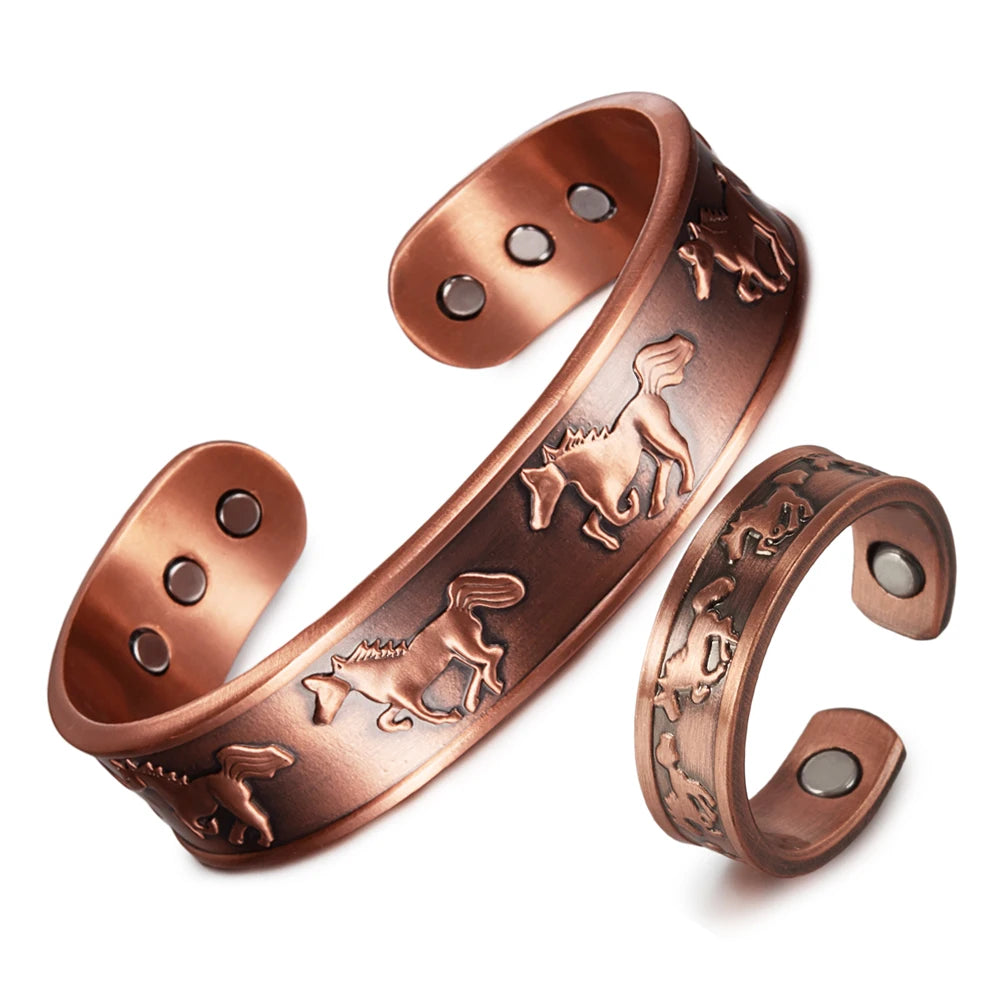 Japanese Horse Copper Bracelet and Ring Set