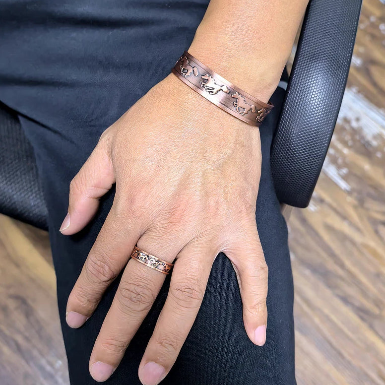 Japanese Horse Copper Bracelet and Ring Set