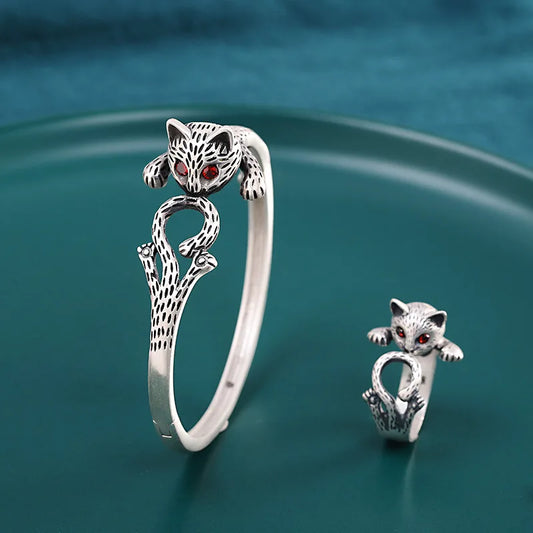 Kawaii Neko Cat Ring and Bracelet in Fine 990 Silver