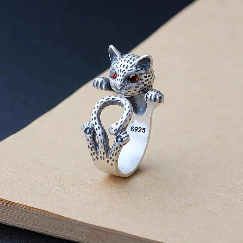 Lucky Neko Cat Adjustable 925 Sterling Silver Ring