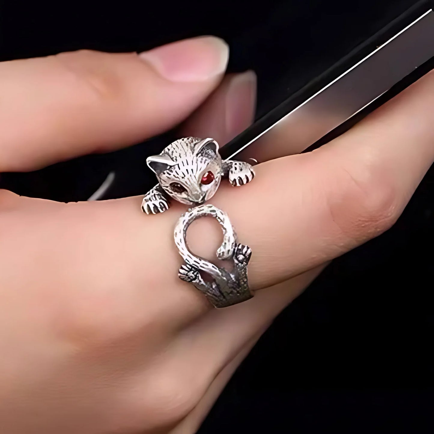 Lucky Neko Cat Adjustable 925 Sterling Silver Ring