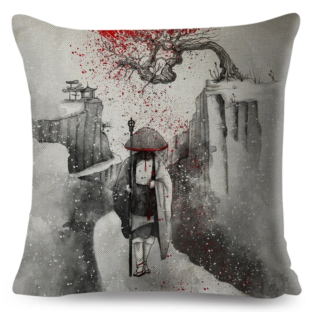 Sumi-e Soft Brushes Samurai Collection Linen Pillow Case