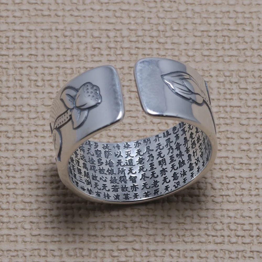 Lotus and Heart Sutra 925 Sterling Silver Ring