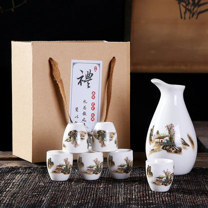 Sakura Sake Set with Tokkuri Bottle and 6 Ochoko Cups