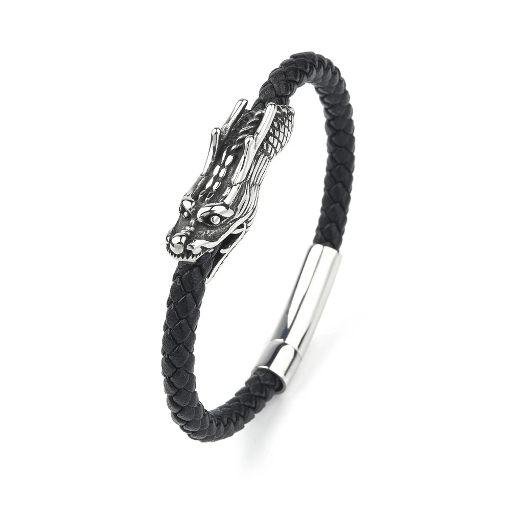 Tatsu Dragon Steel and Leather Bracelet