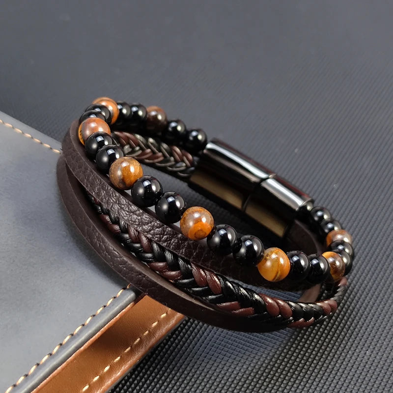 Buddhist Mala Beads Braided Leather Bracelet