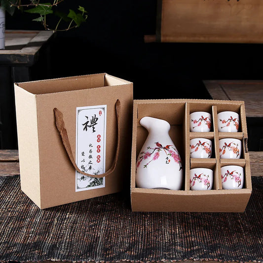 Sakura Sake Set with Tokkuri Bottle and 6 Ochoko Cups