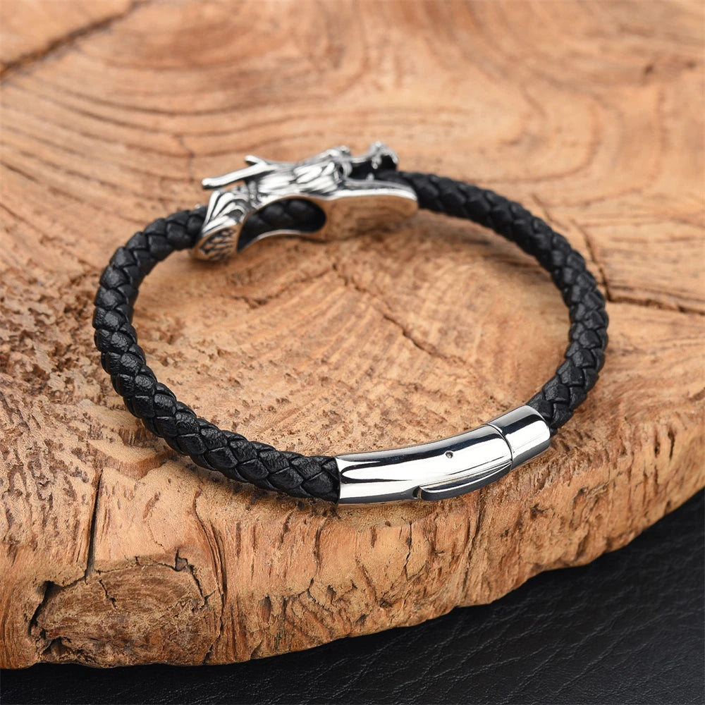 Tatsu Dragon Steel and Leather Bracelet