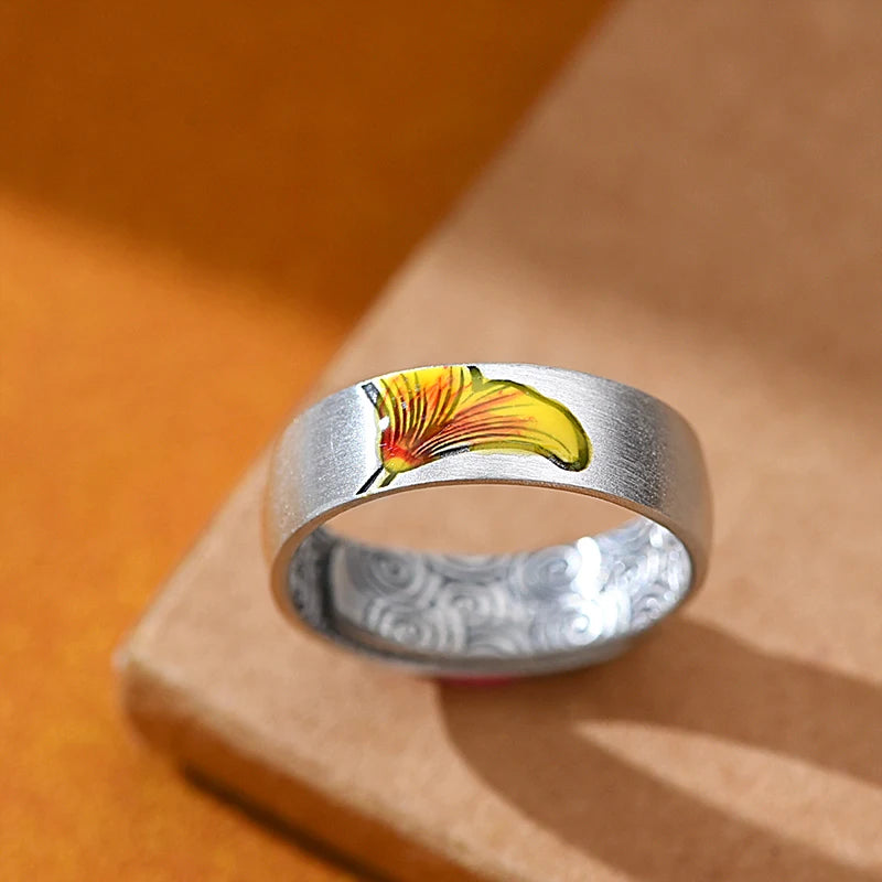 Carp, Plum and Apricot Adjustable 999 Fine Silver Ring