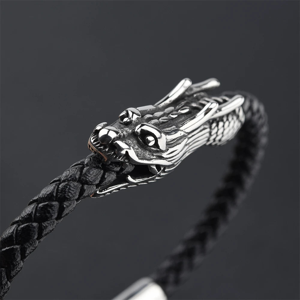 Tatsu Dragon Steel and Leather Bracelet