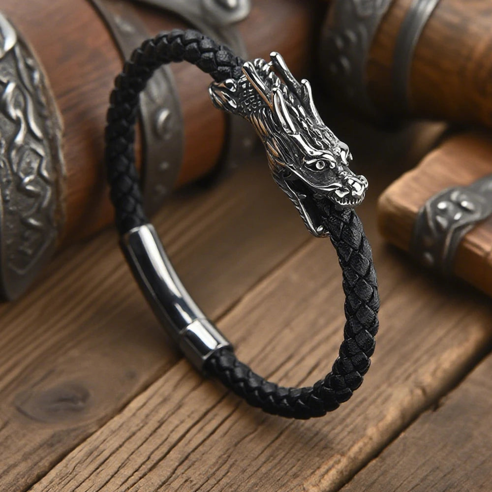 Tatsu Dragon Steel and Leather Bracelet