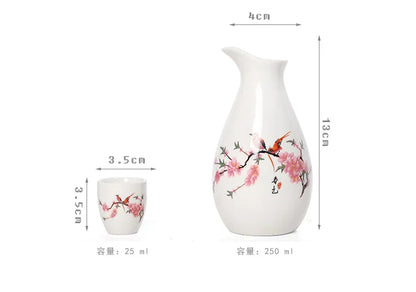 Sakura Sake Set with Tokkuri Bottle and 6 Ochoko Cups