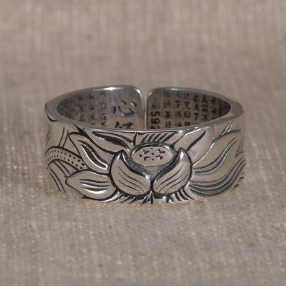 Lotus and Heart Sutra 925 Sterling Silver Ring