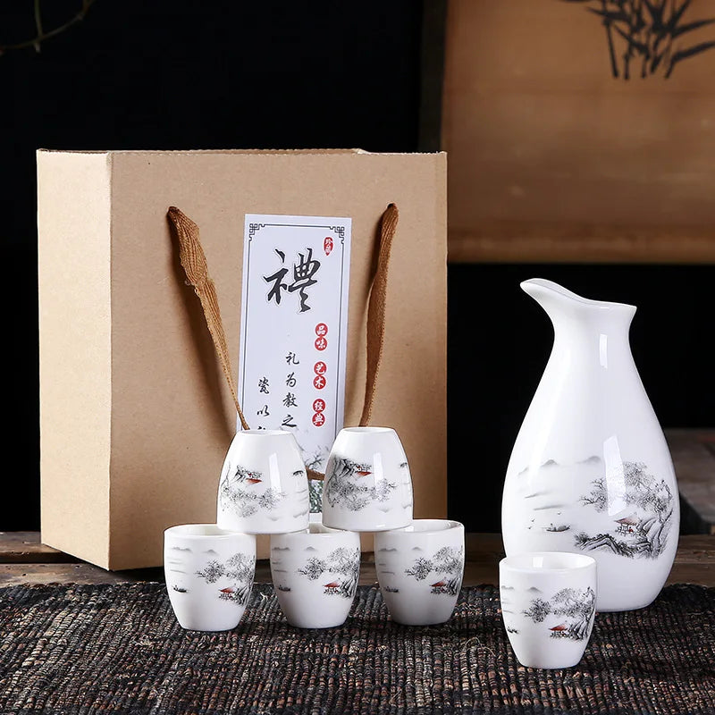 Sakura Sake Set with Tokkuri Bottle and 6 Ochoko Cups