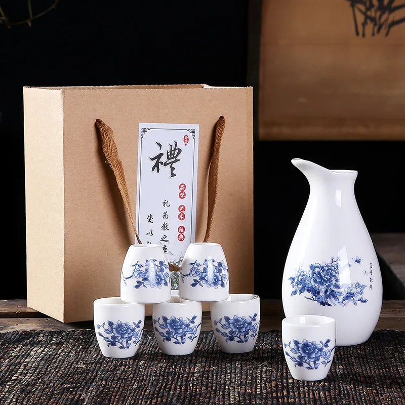 Sakura Sake Set with Tokkuri Bottle and 6 Ochoko Cups