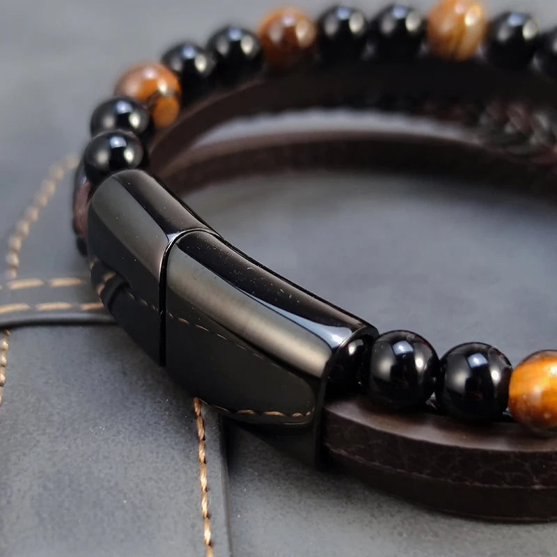 Buddhist Mala Beads Braided Leather Bracelet