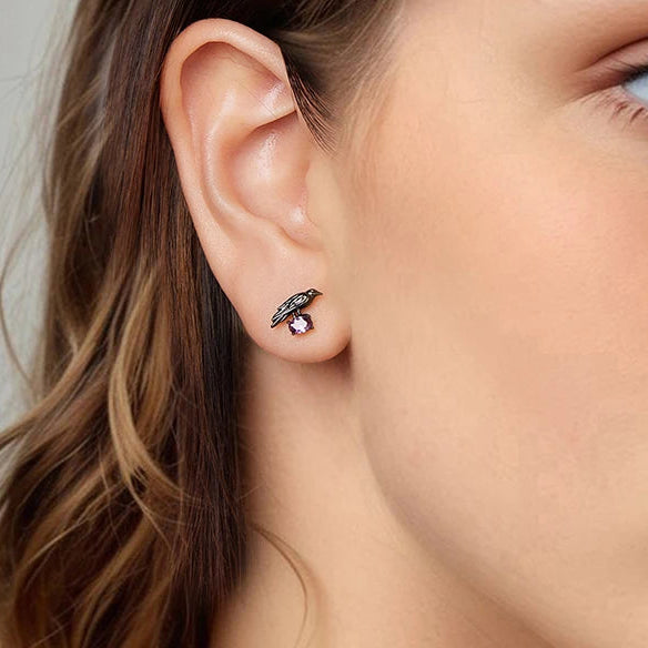 Black Zircon Yatagarasu Crow 925 Sterling Silver Earrings