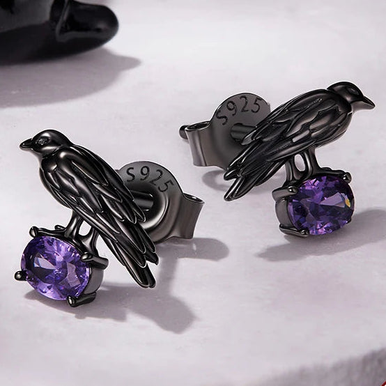 Black Zircon Yatagarasu Crow 925 Sterling Silver Earrings