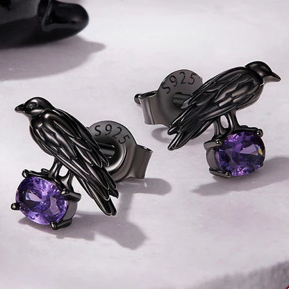 Black Zircon Yatagarasu Crow 925 Sterling Silver Earrings