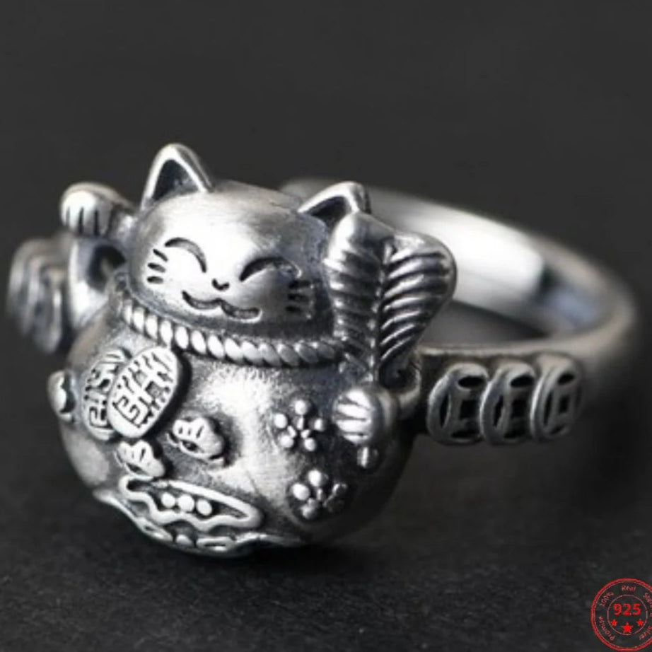 Lucky Cat Maneki Neko 925 Sterling Silver Ring