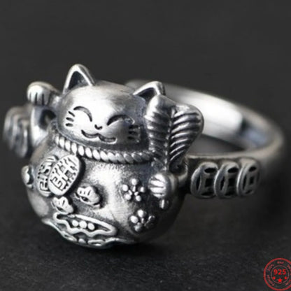 Lucky Cat Maneki Neko 925 Sterling Silver Ring