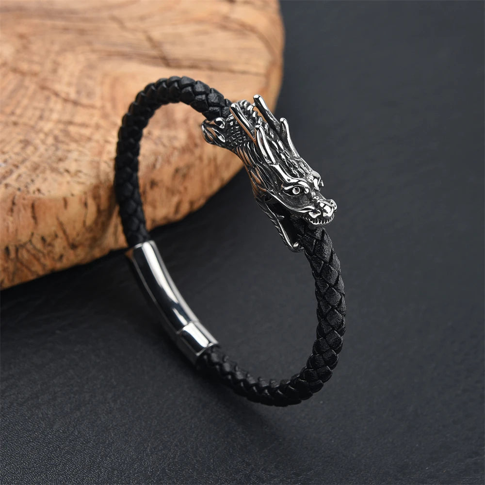 Tatsu Dragon Steel and Leather Bracelet