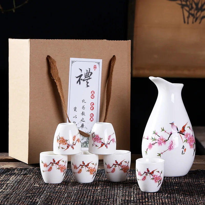 Sakura Sake Set with Tokkuri Bottle and 6 Ochoko Cups