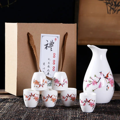 Sakura Sake Set with Tokkuri Bottle and 6 Ochoko Cups