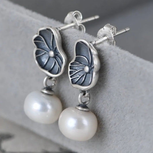 Lotus with Pearl  925 Sterling Silver Earrings