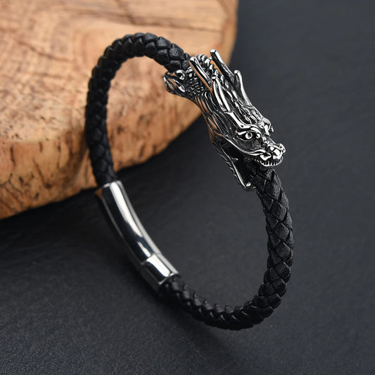 Tatsu Dragon Steel and Leather Bracelet