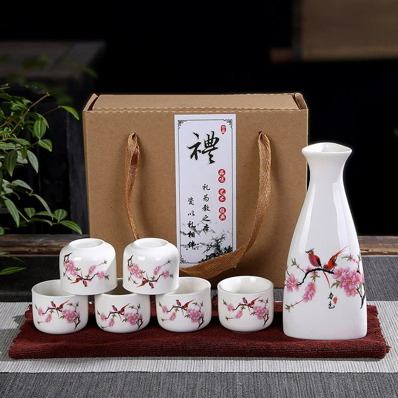 Sakura Sake Set with Tokkuri Bottle and 6 Ochoko Cups