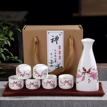 Sakura Sake Set with Tokkuri Bottle and 6 Ochoko Cups