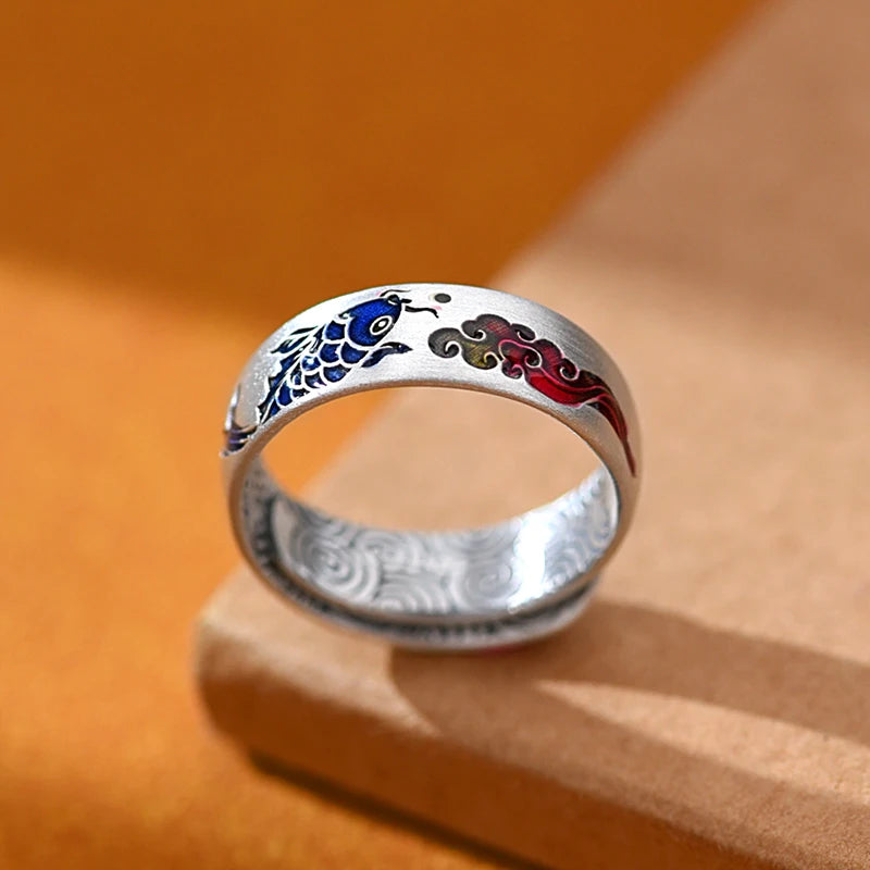 Carp, Plum and Apricot Adjustable 999 Fine Silver Ring