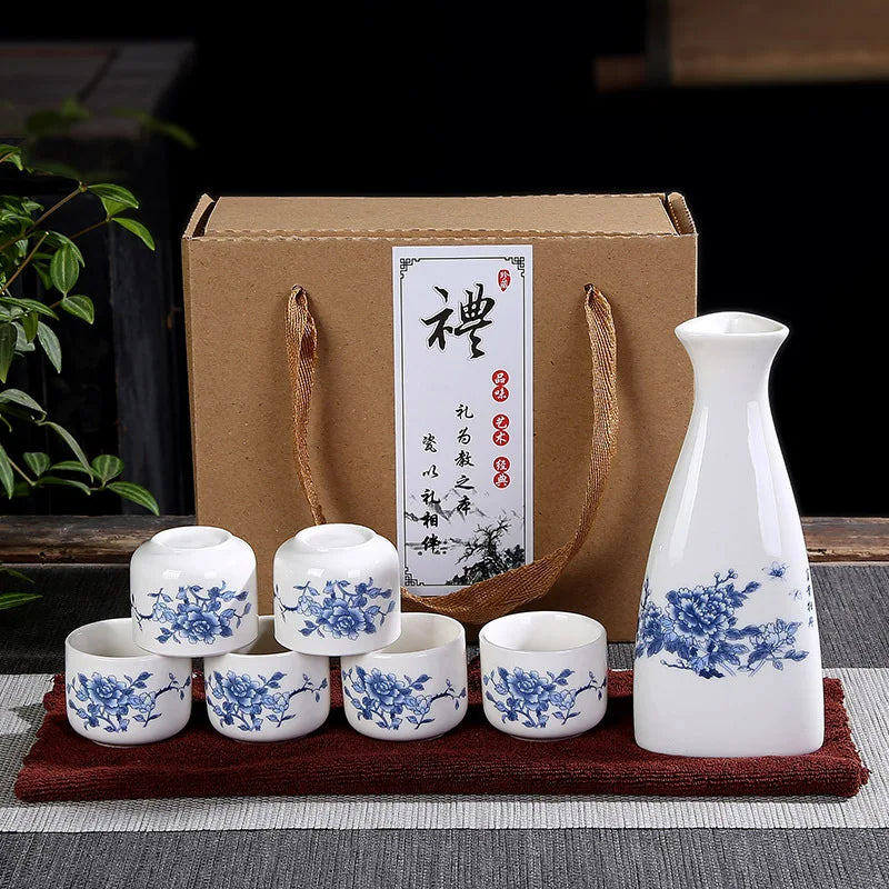 Sakura Sake Set with Tokkuri Bottle and 6 Ochoko Cups
