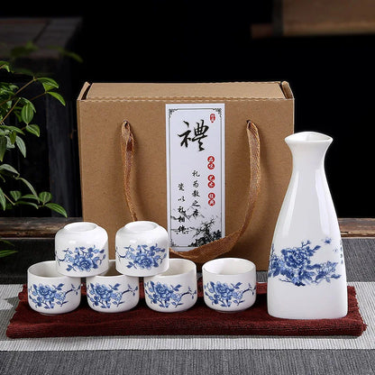 Sakura Sake Set with Tokkuri Bottle and 6 Ochoko Cups