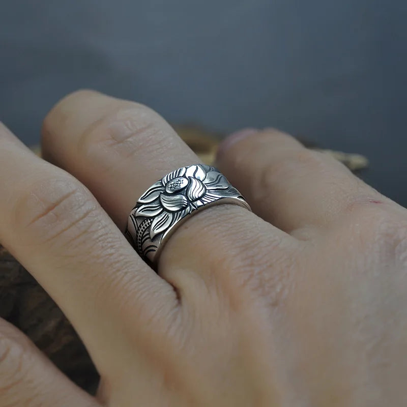 Lotus and Heart Sutra 925 Sterling Silver Ring