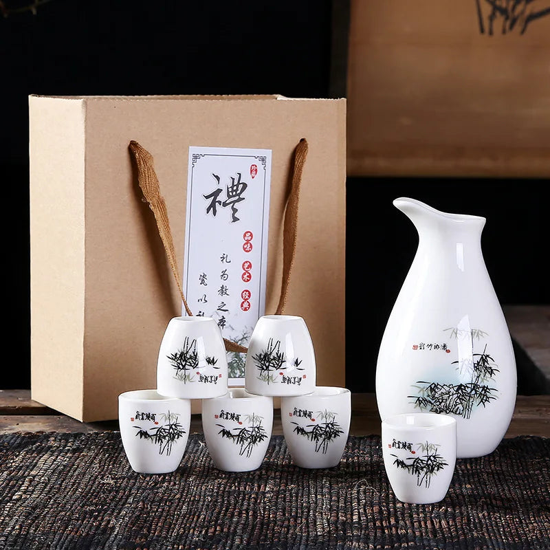 Sakura Sake Set with Tokkuri Bottle and 6 Ochoko Cups