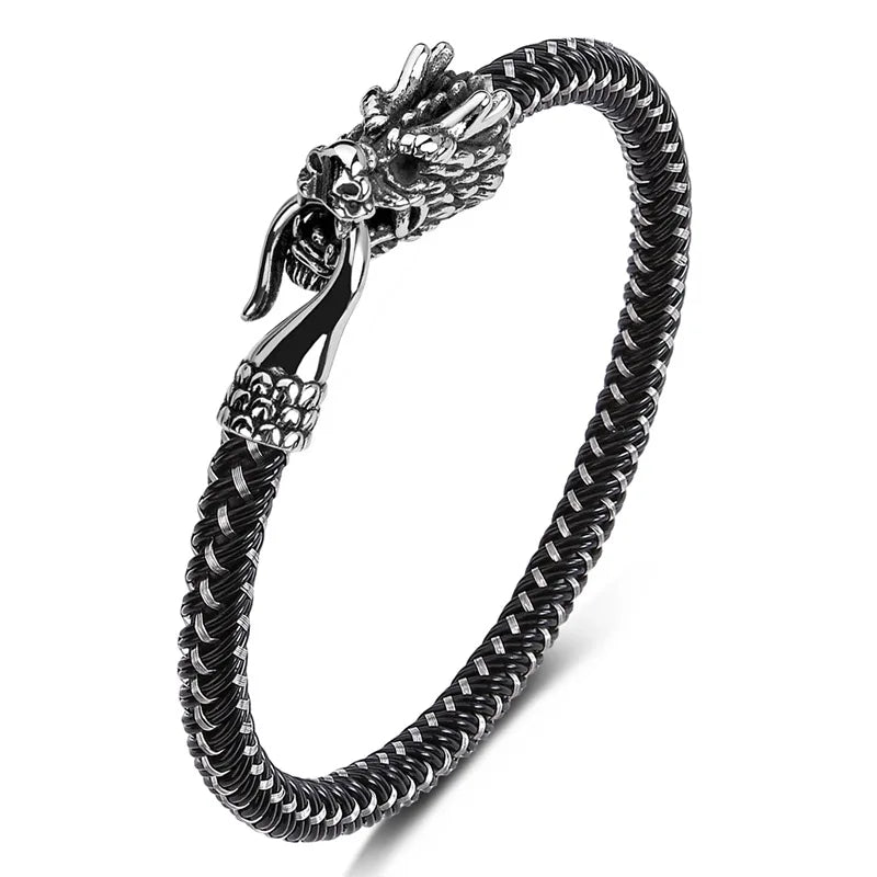 Tatsu Dragon Steel and Leather Bracelet