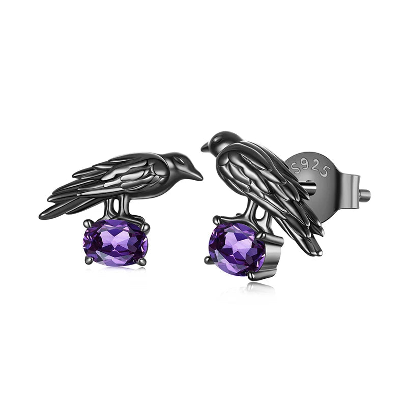 Black Zircon Yatagarasu Crow 925 Sterling Silver Earrings