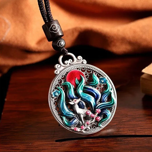 Kitsune Nine Tails Fox Stainless Steel Enamel Necklace