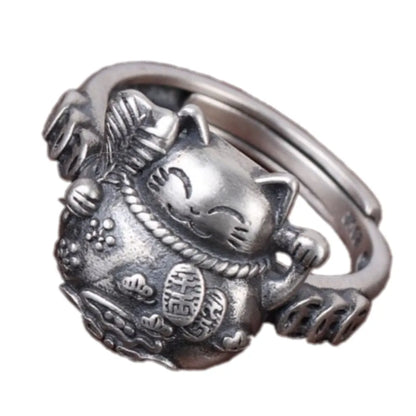 Lucky Cat Maneki Neko 925 Sterling Silver Ring