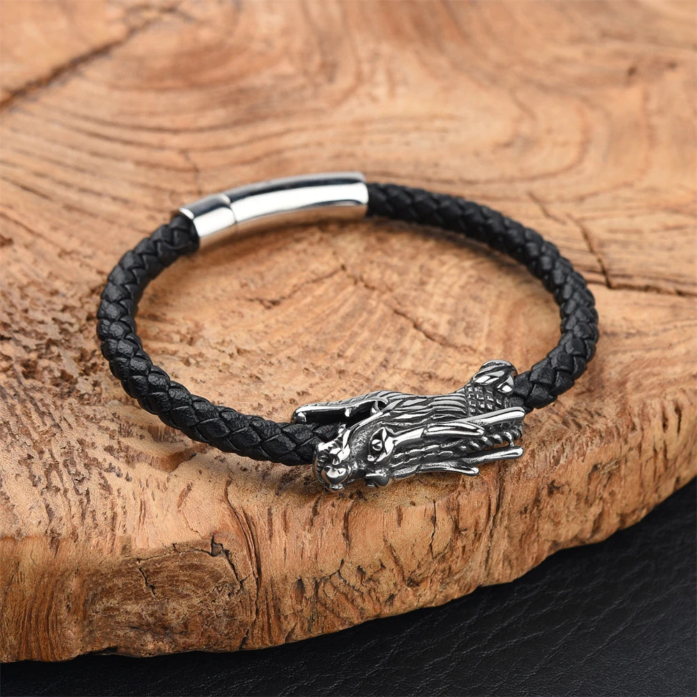 Tatsu Dragon Steel and Leather Bracelet